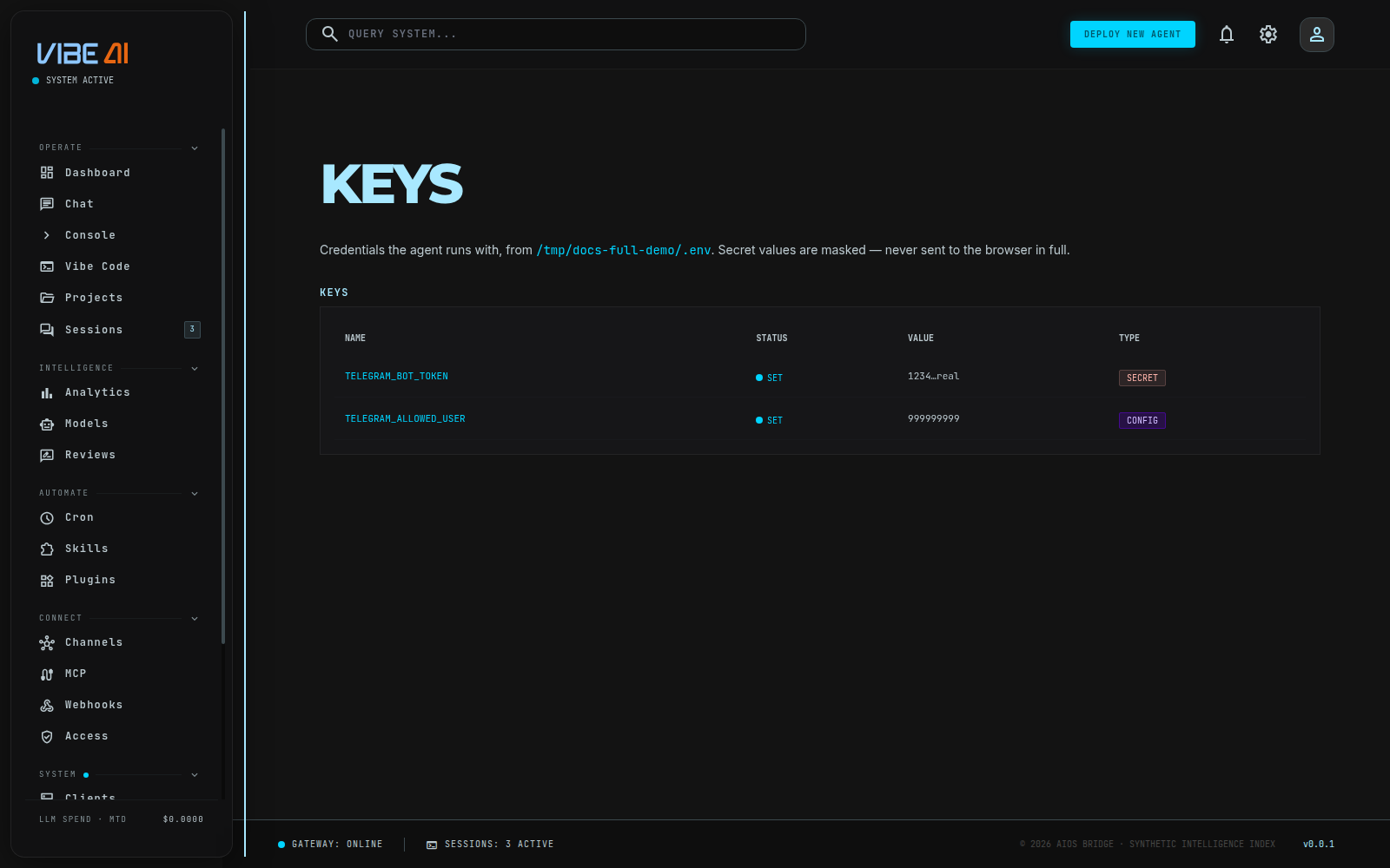 Keys page with masked credential values