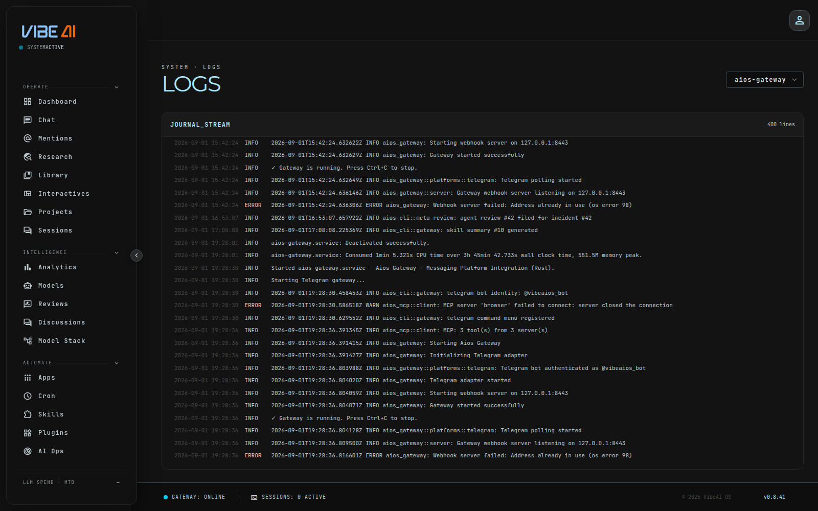 Logs page journal stream