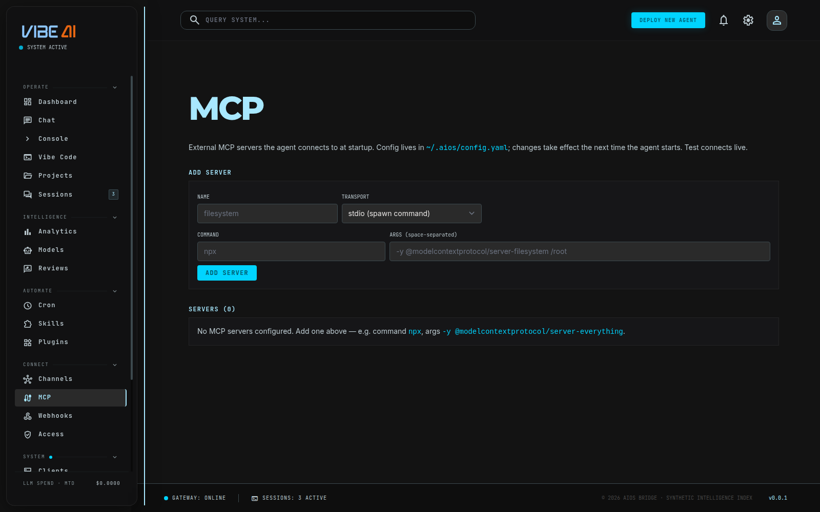 MCP page, add-server form