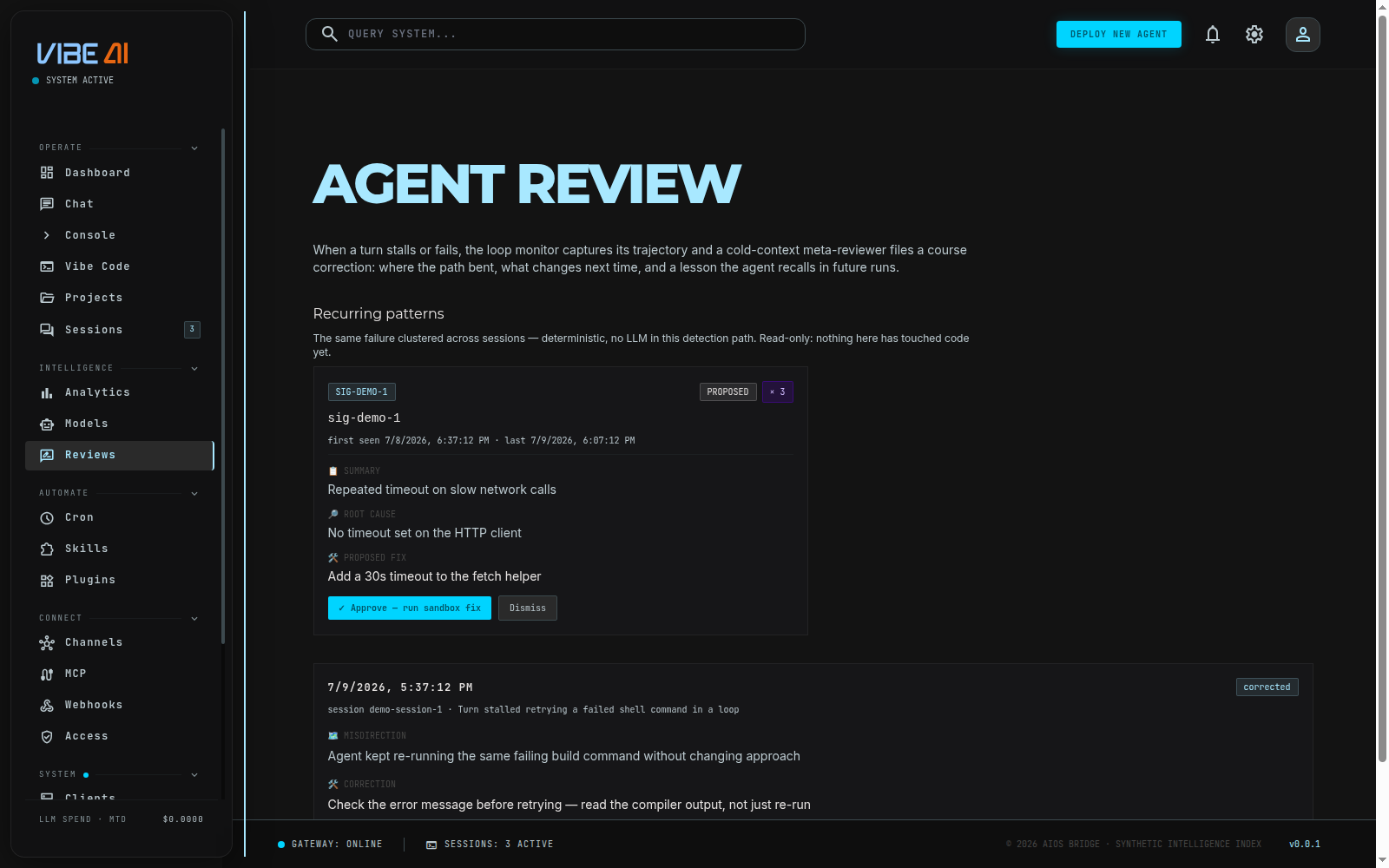 Agent Review page with a recurring pattern and a corrected review