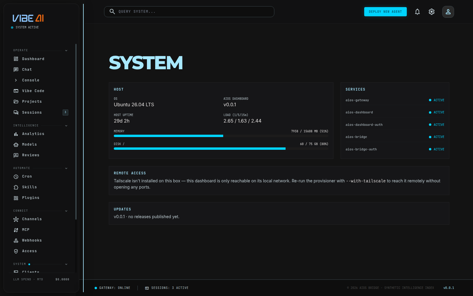 System page with host stats and service list