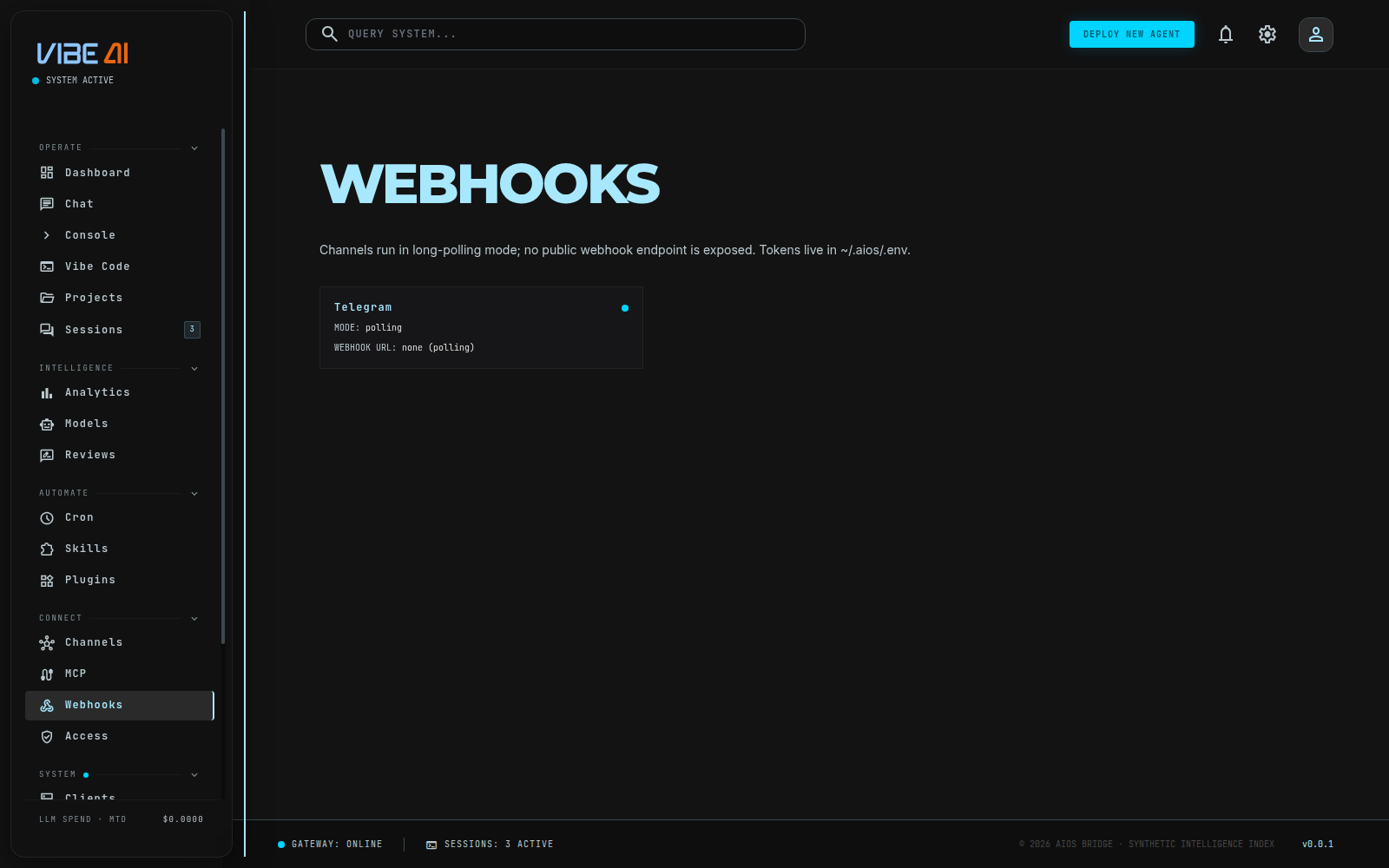 Webhooks page showing polling mode